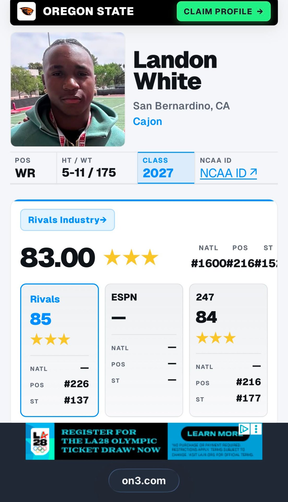 Landon White On3 ranking